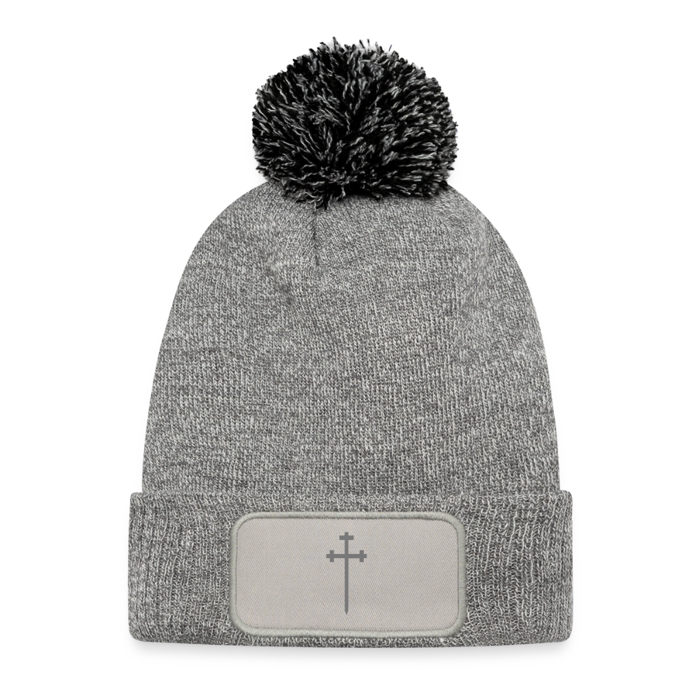 Knitted Patch Beanie with Pompom - heather grey